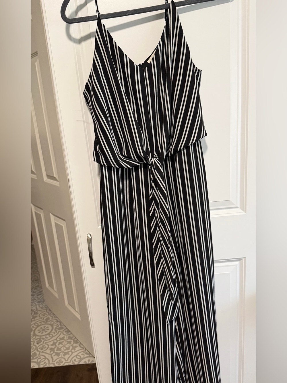 Black and White Striped V-Neck Sleeveless Jumpsuit